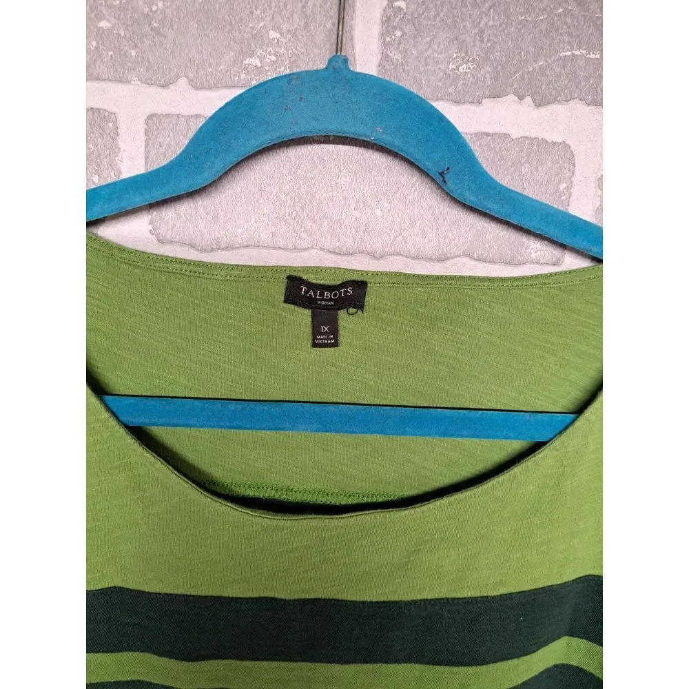 Talbots Womens‎ Striped Green Long Sleeve Pullover Cotton Blouse SIze 1X